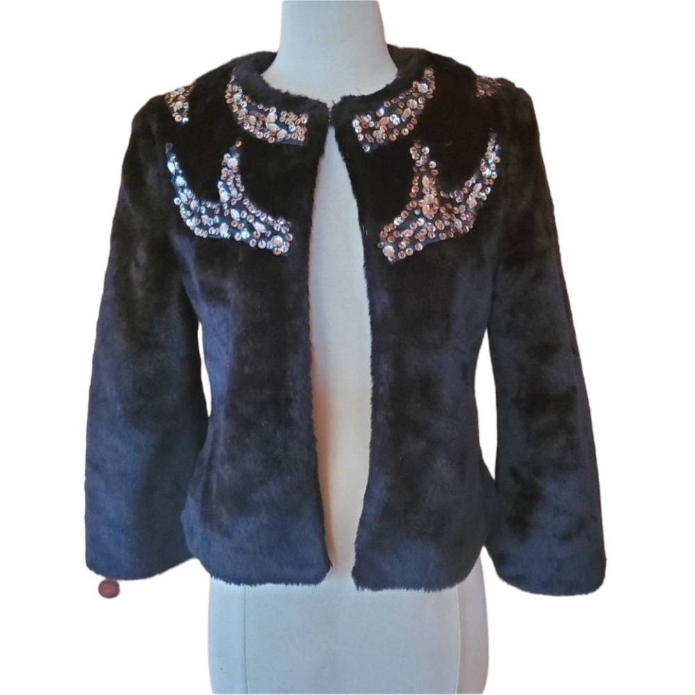 NWT Vintage Caramel Black Faux‎ Fur & Sequin Jacket